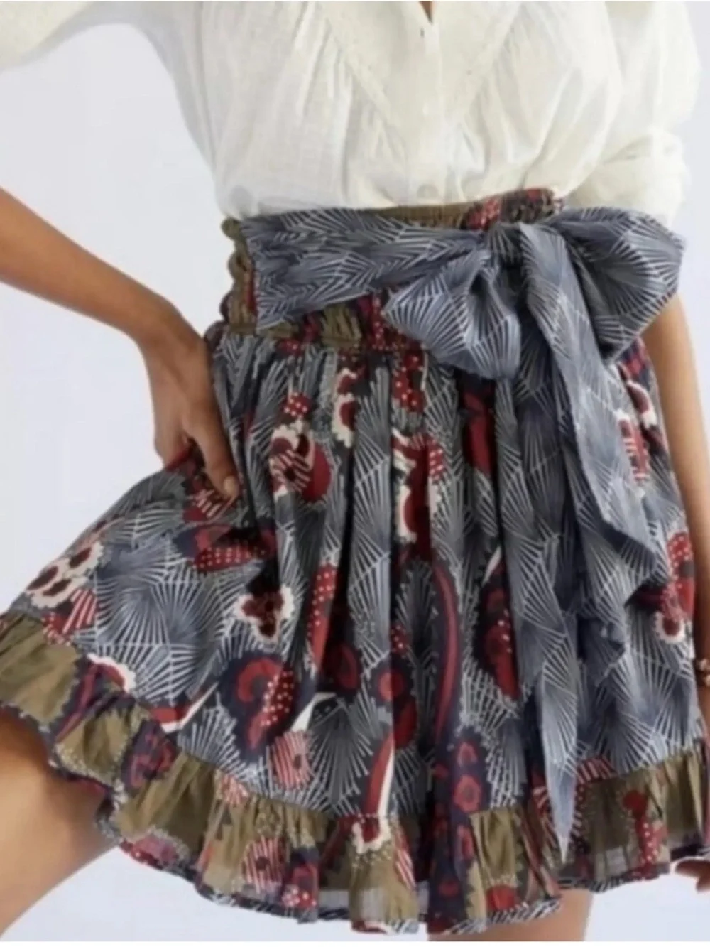 Anthropologie Floreat Mixed Print Bow Waist Ruffle Skirt Boho Size Medium